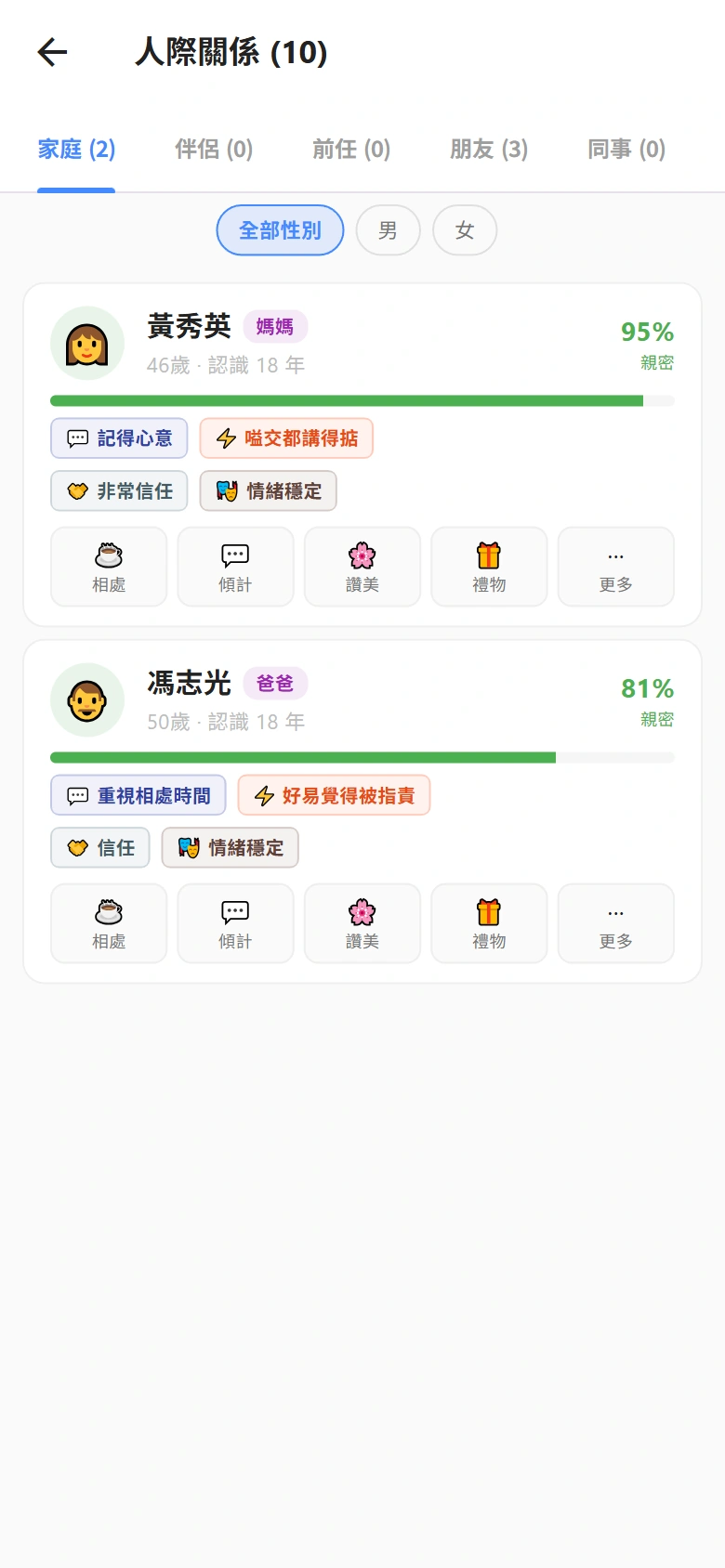HK Life: Legacy的人際關係畫面，顯示家人關係與互動選項